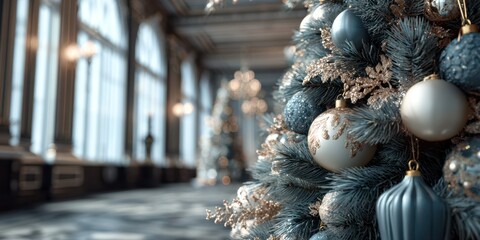 Elegant Christmas tree adorned with ornaments in a grand hall during the holiday season decorations