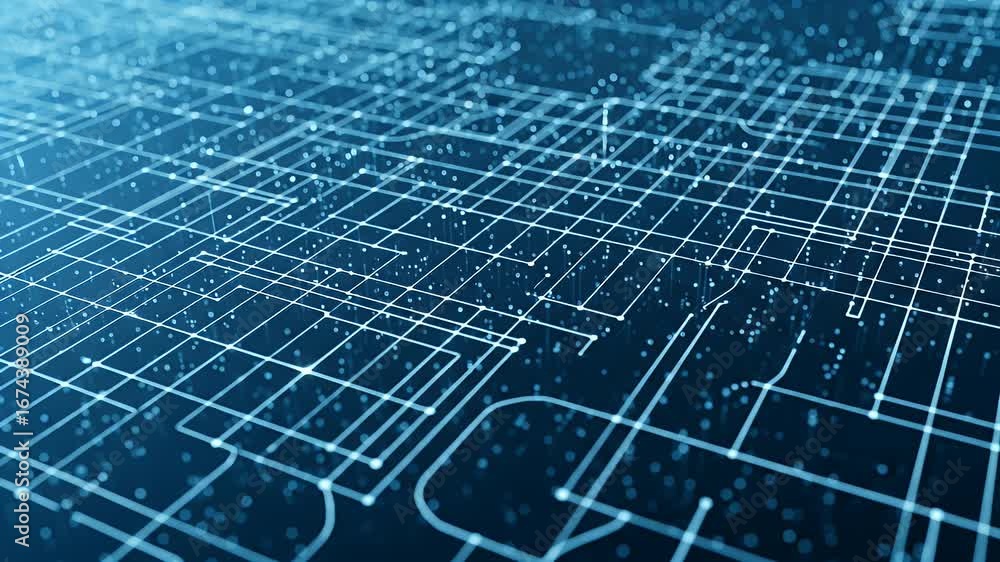 Wall mural abstract digital circuitry network pattern with luminous blue lines