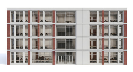 Symmetrical four-story modern office building facade with large windows, isolated on a clean white background for architectural visualization