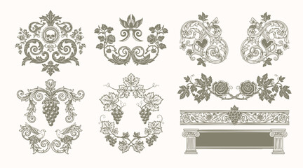 Floral decorative vector elements set, rococo and baroque style, vintage royal details. engraving illustration set