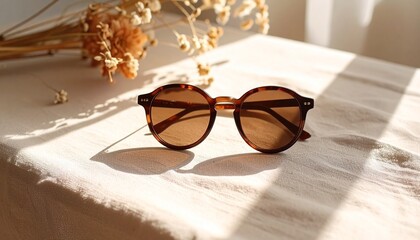 Brown Sunglasses on Beige Linen Table with Dried Flowers and Sunlight Shadows