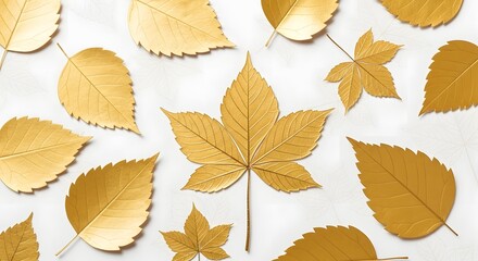 A collection of golden autumn leaves scattered on a white background, showcasing the beauty of fall foliage in a luxurious metallic finish