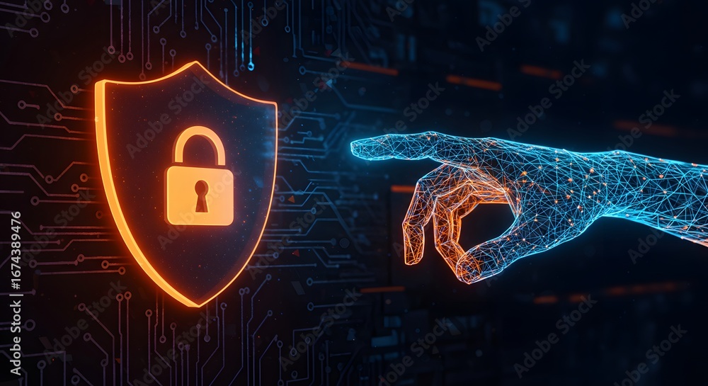 Poster a digital wireframe hand touching an orange security shield icon. cybersecurity and network protecti