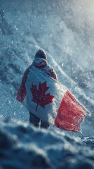 Snow-covered landscape with individual holding Canadian flag during winter storm in remote area