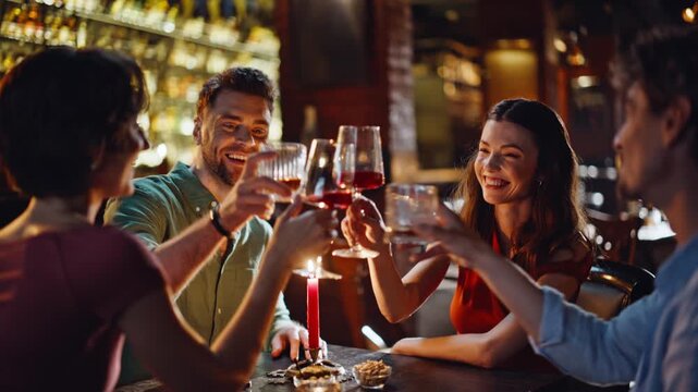 Cheerful friends toasting glasses spending weekend evening in dark bar closeup. 