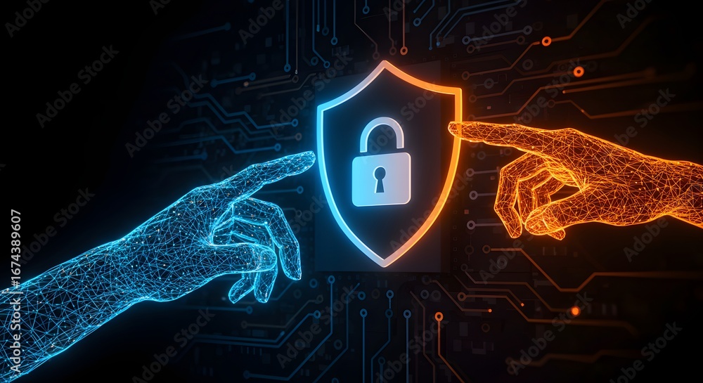 Poster two digital hands touching a central security shield. cybersecurity collaboration and digital confli