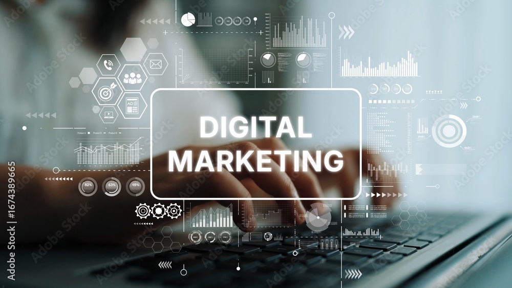 Poster digital marketing concept with hands on keyboard and interactive graphs in the background. asymptoti