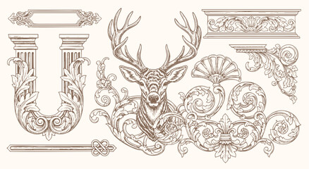 Vintage ornamental illustration featuring decorative baroque elements, floral flourishes, ornate frames, and a majestic stag head.