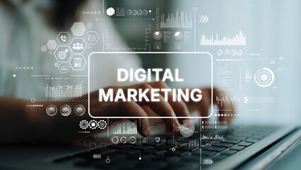 Digital Marketing Concept with Hands on Keyboard and Interactive Graphs in the Background....