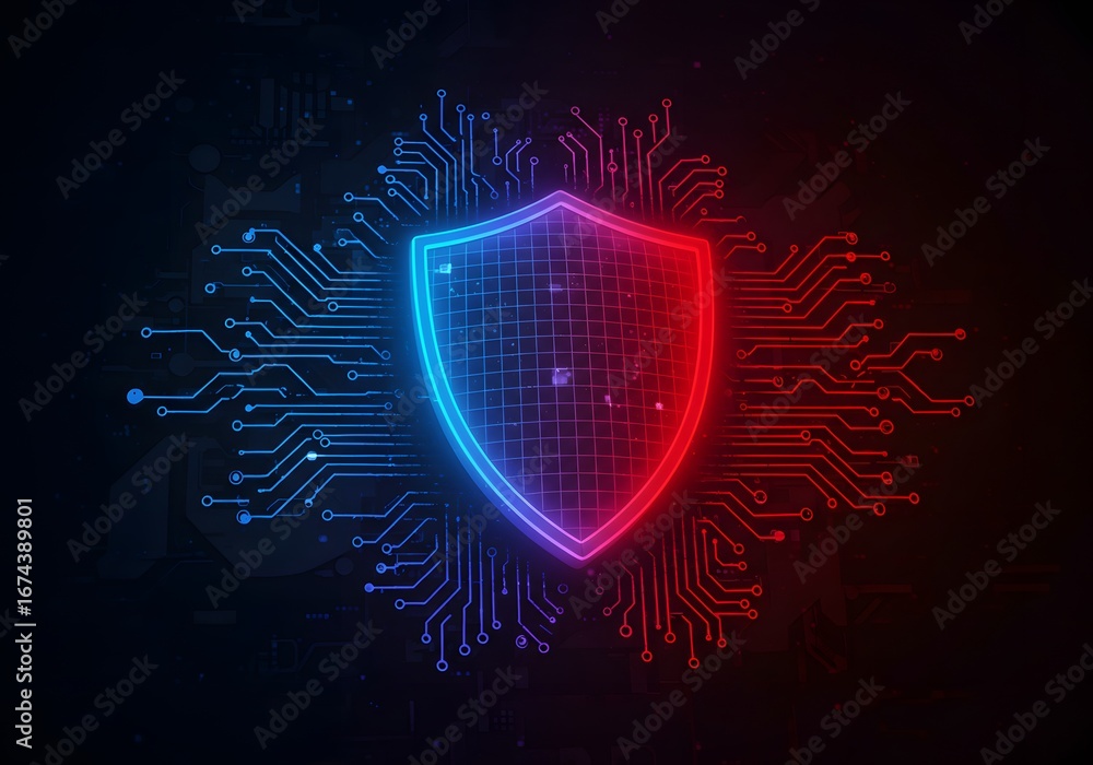 Poster a red and blue security shield with a circuit board design. cybersecurity defense versus attack conc