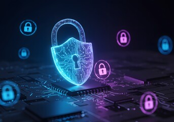 Obraz premium A glowing shield-shaped padlock over a computer motherboard. Hardware-level security and network protection. A futuristic concept of an encrypted system with multiple layers of defense.