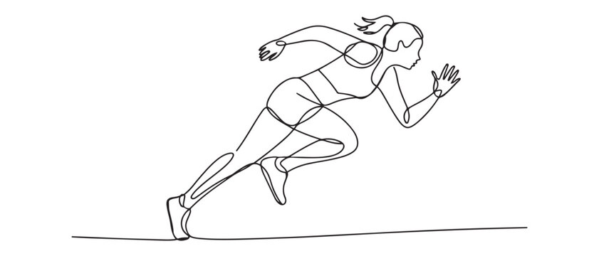 One continuous line drawing of young woman athlete runner focus sprint run. Individual sport, competitive concept. Vector black silhouette. with white background