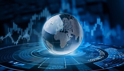 rotating glass globe on a digital surface displaying global market data and financial trends emphasizing international trade connections
