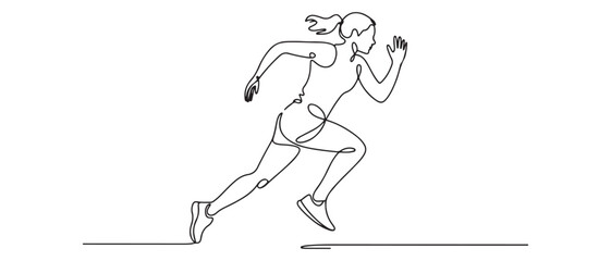 One continuous line drawing of young woman athlete runner focus sprint run. Individual sport, competitive concept. Vector black silhouette. with white background