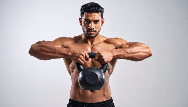 A close up view of a muscular athlete gripping and lifting a kettlebell during an intense workout session, showcasing strength, power, focus, and determination in a gym training environment - Powered by Adobe