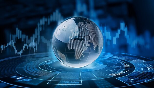 rotating glass globe on a digital surface displaying global market data and financial trends emphasizing international trade connections