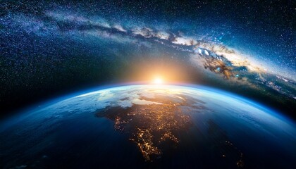 Fototapeta premium planet earth viewed from space sun rising on the horizon milky way visible cosmic beauty on dark background concept of space exploration ai generative