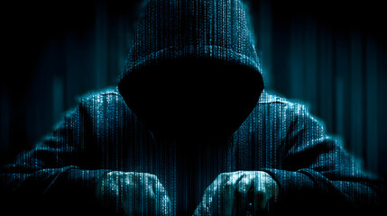 Mysterious hooded figure with binary code overlay related to cybersecurity 