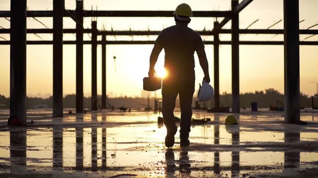 Silhouette of a construction worker in a hard hat walking through a building frame against the sunrise