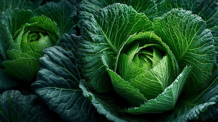 Aerial view of green cabbage leaves tightly layered in circular pattern with soft lighting highlighting delicate texture ideal for organic farm product or fresh food