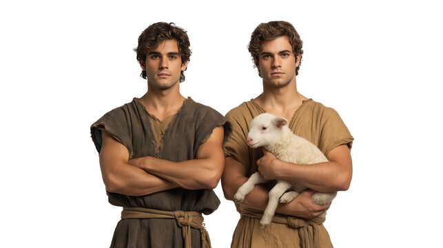Cain and Abel standing side by side full body on transparent background. Biblical brothers, one with anger, one with innocence, symbolic Old Testament story of jealousy and sacrifice.