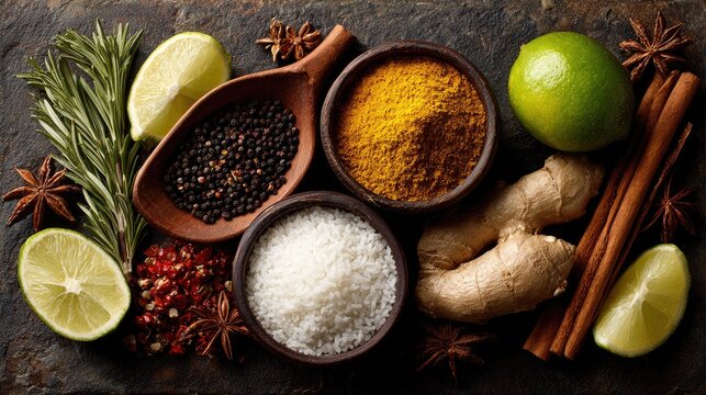 Spice collection on dark stone