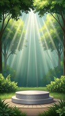 Magical forest stage with sunlight rays for presentation