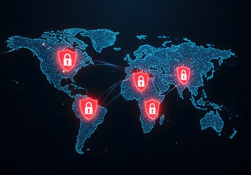 A world map showing a network of interconnected security threats. International cyber attacks and global data security. A visual representation of a worldwide network under siege by hackers.