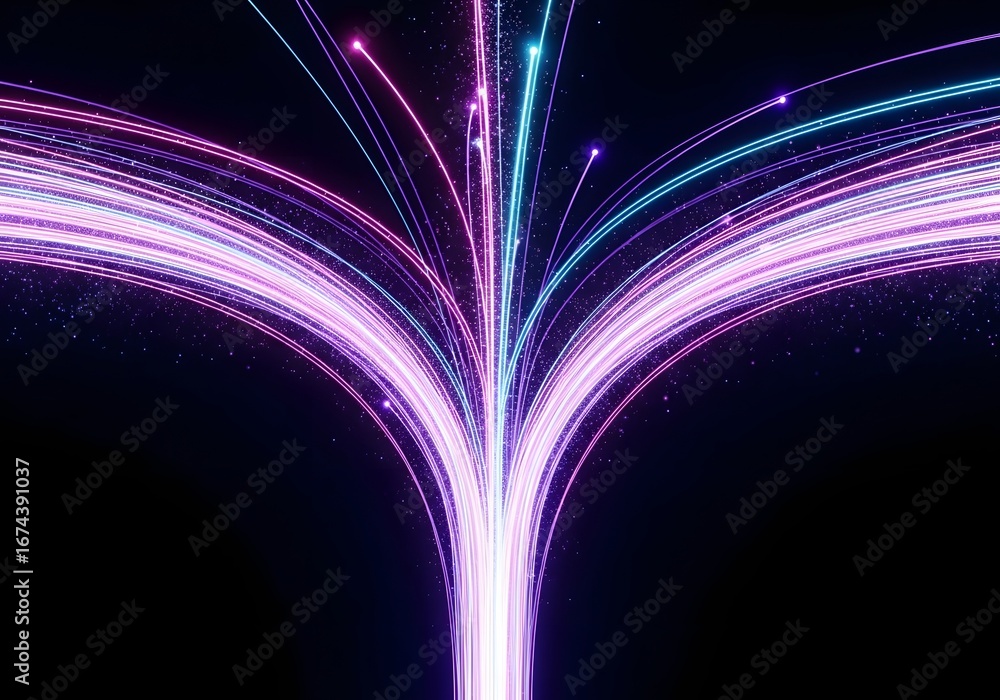 Poster a fountain of glowing purple and blue light trails with particles. data flow and futuristic energy c