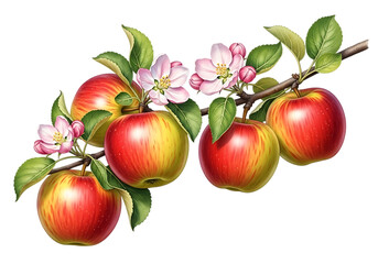 Realistic illustration of apples blossoms and fruits on a branch Isolated on transparent background

