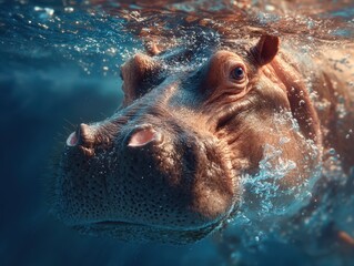 Fototapeta premium Hippo gliding gracefully beneath the water surface in a serene aquatic setting at twilight