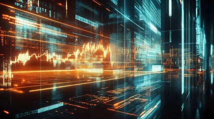 Abstract digital data stream with glowing lines and charts.