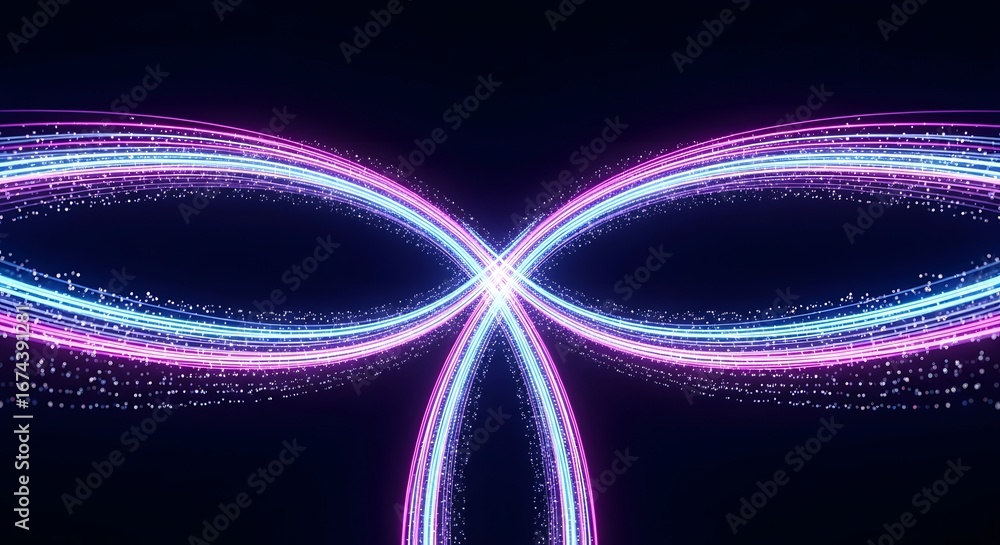 Poster crossing streams of glowing blue and purple light trails. data connection and network intersection. 