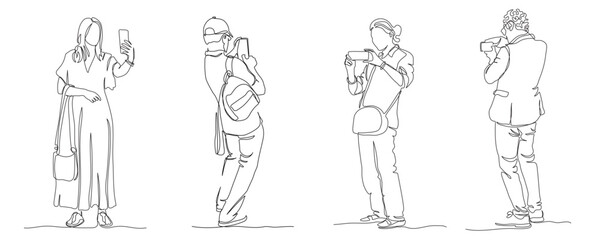 Men and women taking pictures with mobile phone. Continuous line drawing elements set. Black and white vector illustration in line art style.