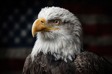 Obraz premium Majestic bald eagle stands proud with striking features against a faded American flag background during golden hour