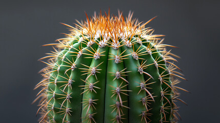Close-Up Green Cactus with Sharp Red and White Thorns on Grey Background