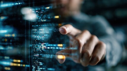 Medium shot focusing on a developer authenticating software access through a blockchain licensing system with blurred digital code in the background.