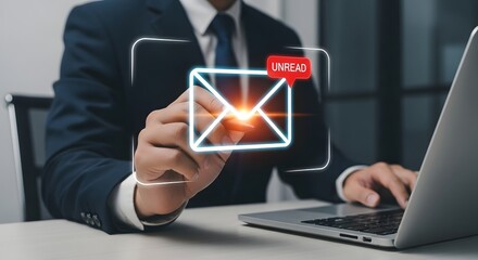 A businessman checking his unread email notifications on a virtual interface. Corporate communication and email marketing. A manager using a laptop to read important business messages.