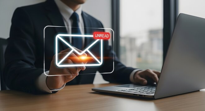 A businessman at a desk with an unread email notification icon. Business communication and email marketing. A manager receiving an important message or newsletter in his inbox.