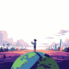 A person stands on top of the world holding a laptop, looking out at a futuristic, diverse landscape.