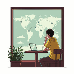 Young man contemplates global connections while working on his laptop in a bright room with a world map.