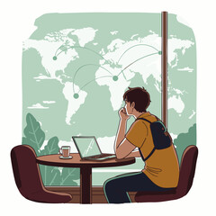 A young man contemplates global connections while working on his laptop in a cafe overlooking a world map.