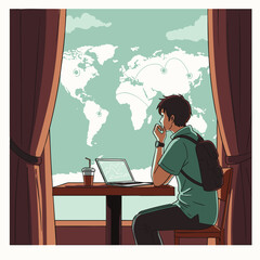 Young man with backpack contemplates global connections while working on a laptop in a cafe with a world map view.