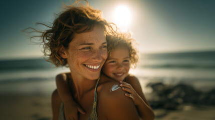 Happy mother at the beach laughing while her little daughter applies sunscreen on her shoulder, playful summer moment, bright sunlight, ocean waves in the background, family vacati