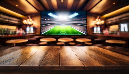 wooden table top in a sports bar with a blurred background featuring a tv screen displaying a soccer match and warm ambient lighting ai generative