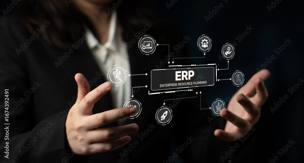 Aufkleber erp platform visual showing centralized system for enterprise resource planning, improving integrati