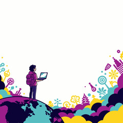 Young person with backpack holding laptop on globe surrounded by colorful global icons and abstract shapes.