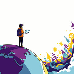 Young person with backpack and laptop stands on globe exploring colorful abstract world.