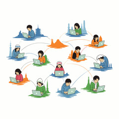 Diverse individuals connect globally through digital technology, sharing ideas and information across continents.