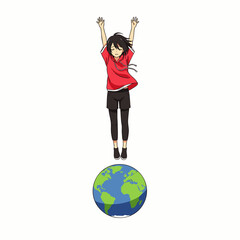 An energetic anime character with dark hair joyfully leaps above a vibrant blue and green earth, symbolizing global connection and boundless potential.